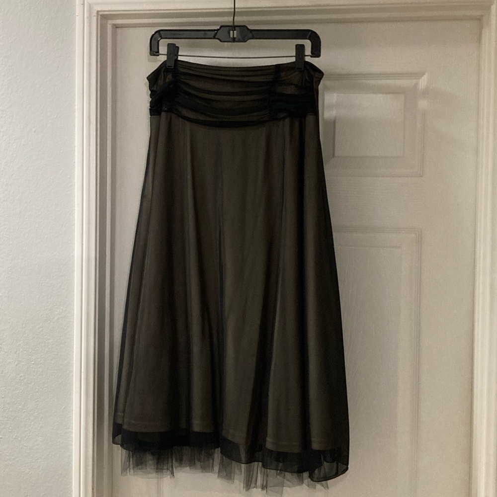 Women’s Midi A-line Skirt Gold with Black Translucent Overlay w/ Ruched Detail